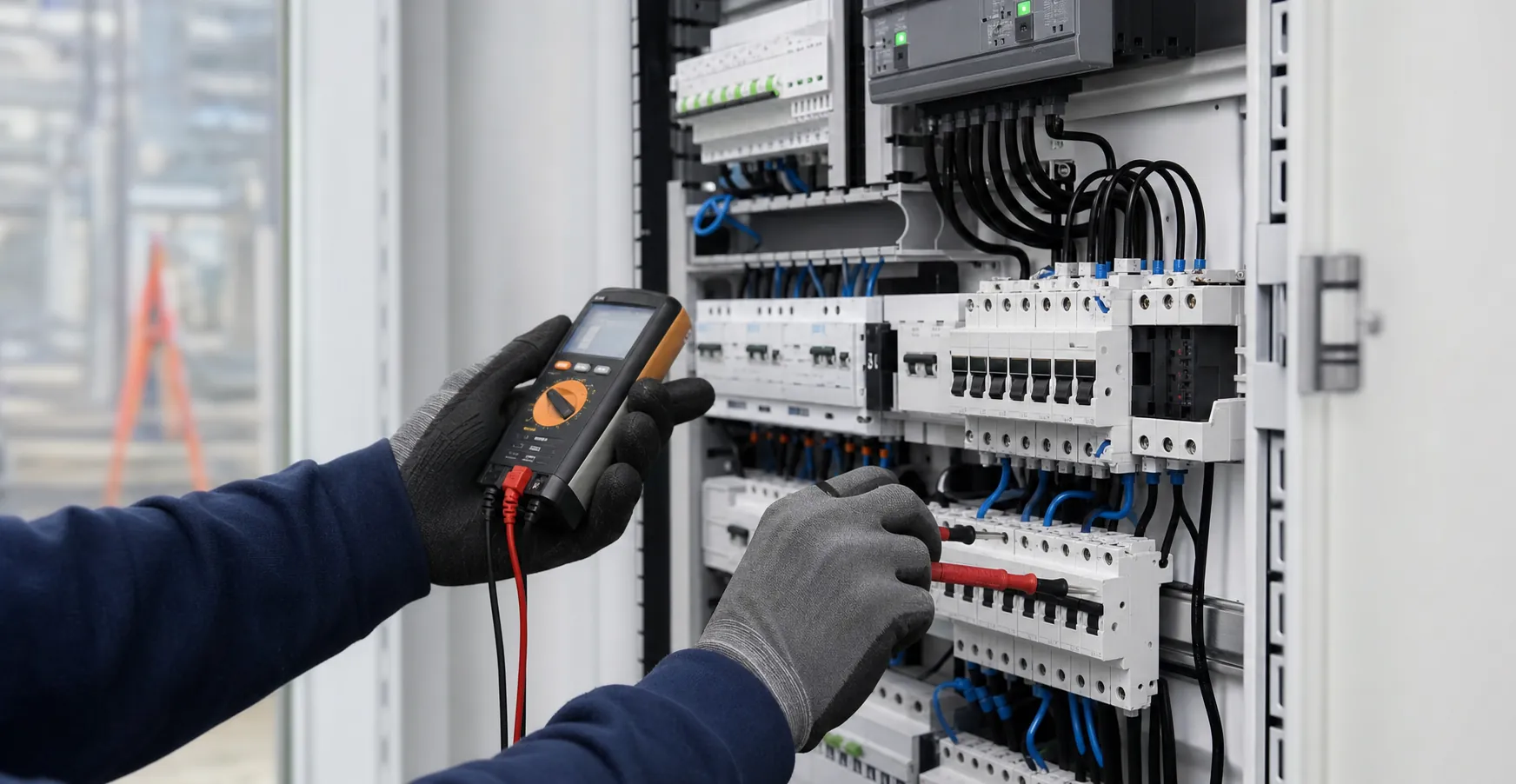 Specialist controleert een professioneel geïnstalleerde verdeelkast